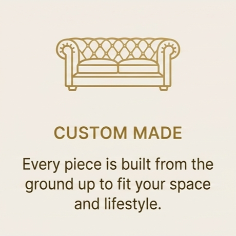 A line drawing of a vintage couch with a tufted backrest on a beige background, accompanied by the text 'Custom Made' and a message about pieces being built from the ground up to fit personal space and lifestyle.