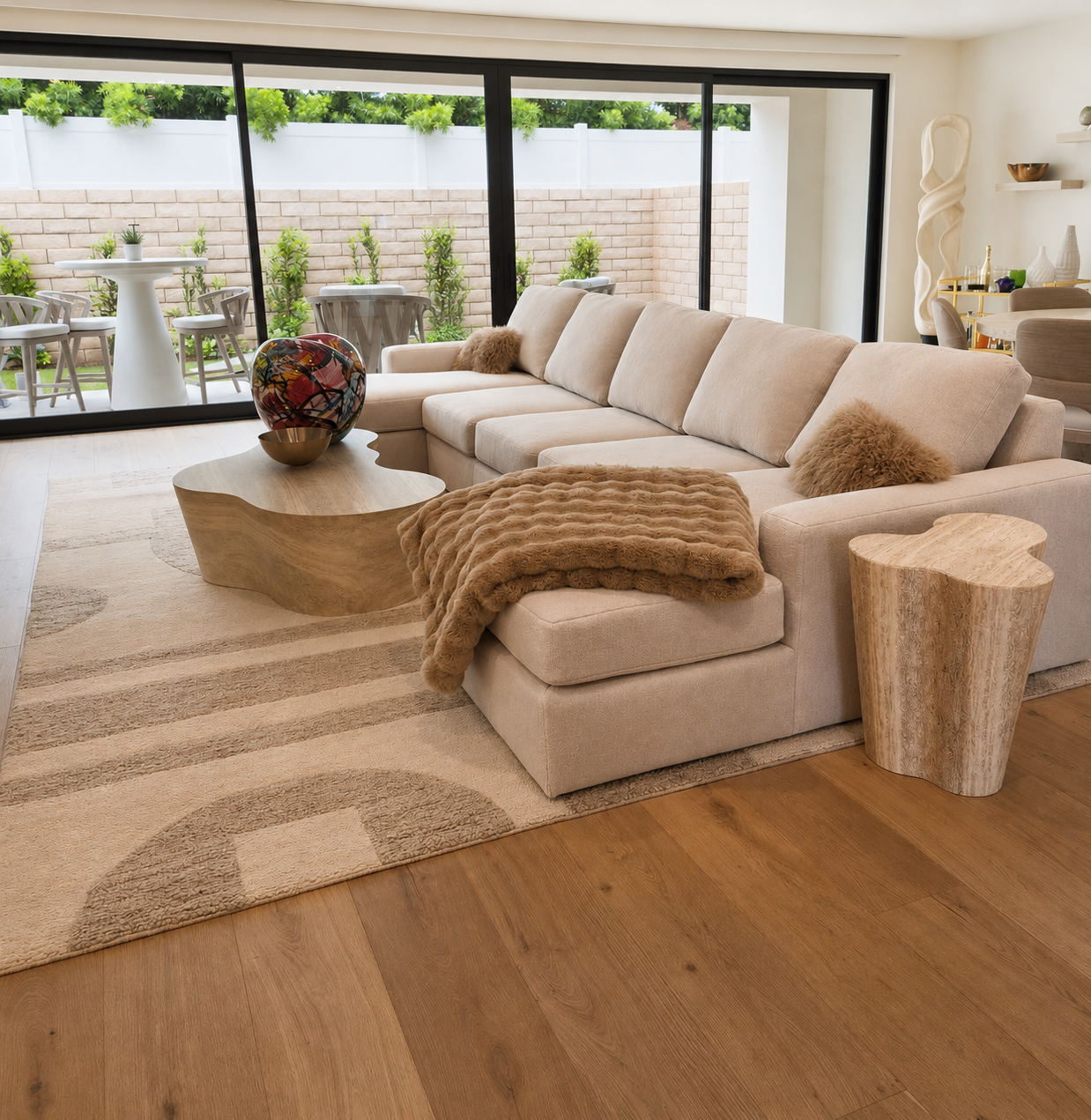 Living room with beige sectional sofa, wooden coffee table, and decorative pillows, with a sliding glass door leading to an outdoor patio with seating