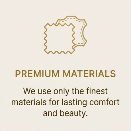 An image showing two fabric swatches above the text "Premium Materials" and a statement about using the finest materials for lasting comfort and beauty.