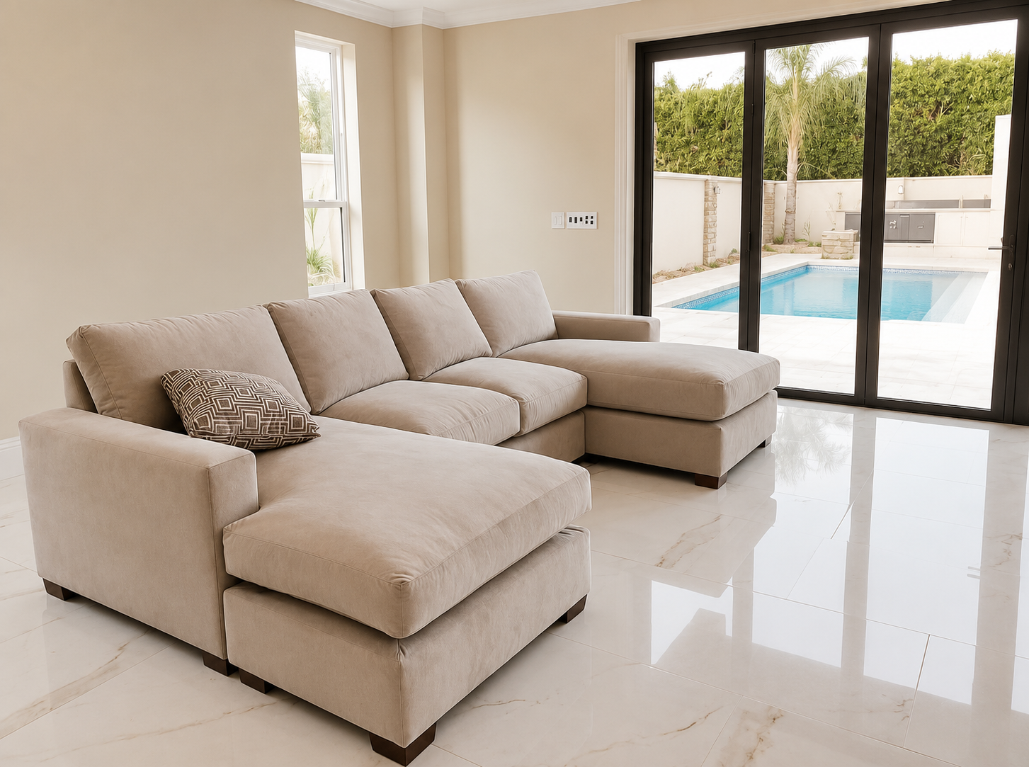 Living room with beige sectional sofa, beige and brown patterned throw pillow, white tiled floor, and sliding glass door leading to backyard patio with swimming pool and greenery.