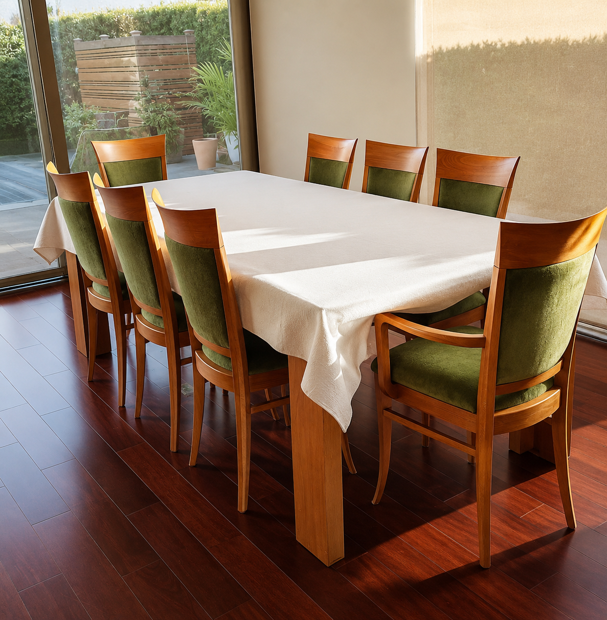 A dining room with a wooden table covered by a white tablecloth, surrounded by seven wooden chairs with green upholstered seats and backs, illuminated by natural light from a large glass sliding door.