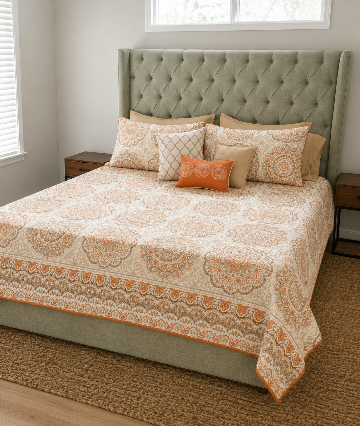 A neatly made bed with an orange and cream patterned bedspread and multiple pillows, including some with intricate designs, in a bedroom with a large window and wooden nightstands.