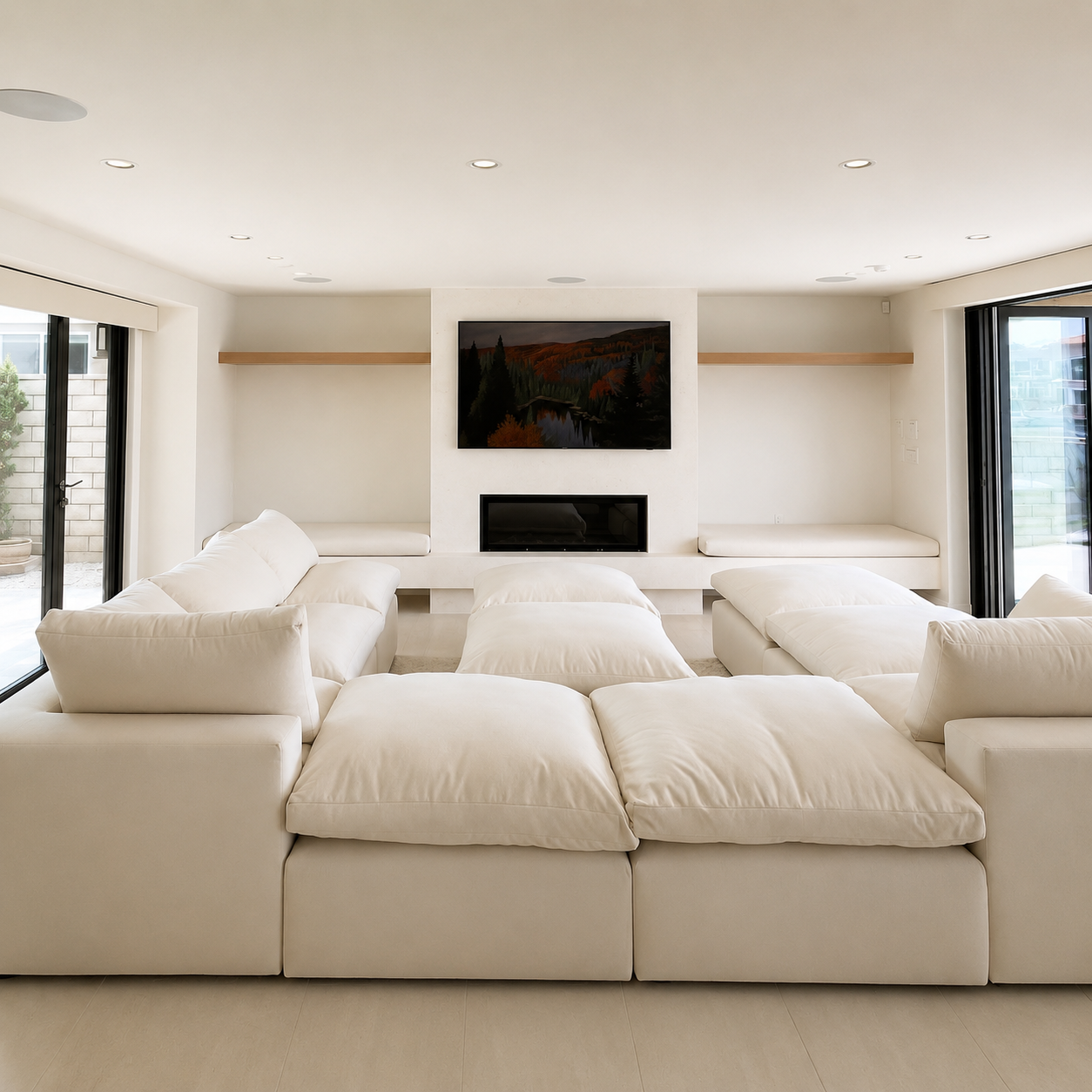 Modern living room with beige sectional sofa, built-in seating, a fireplace, and a wall-mounted landscape painting in a bright, minimalist space.