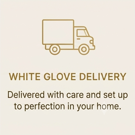 Logo with a delivery truck icon and text that reads "WHITE GLOVE DELIVERY" and "Delivered with care and set up to perfection in your home."