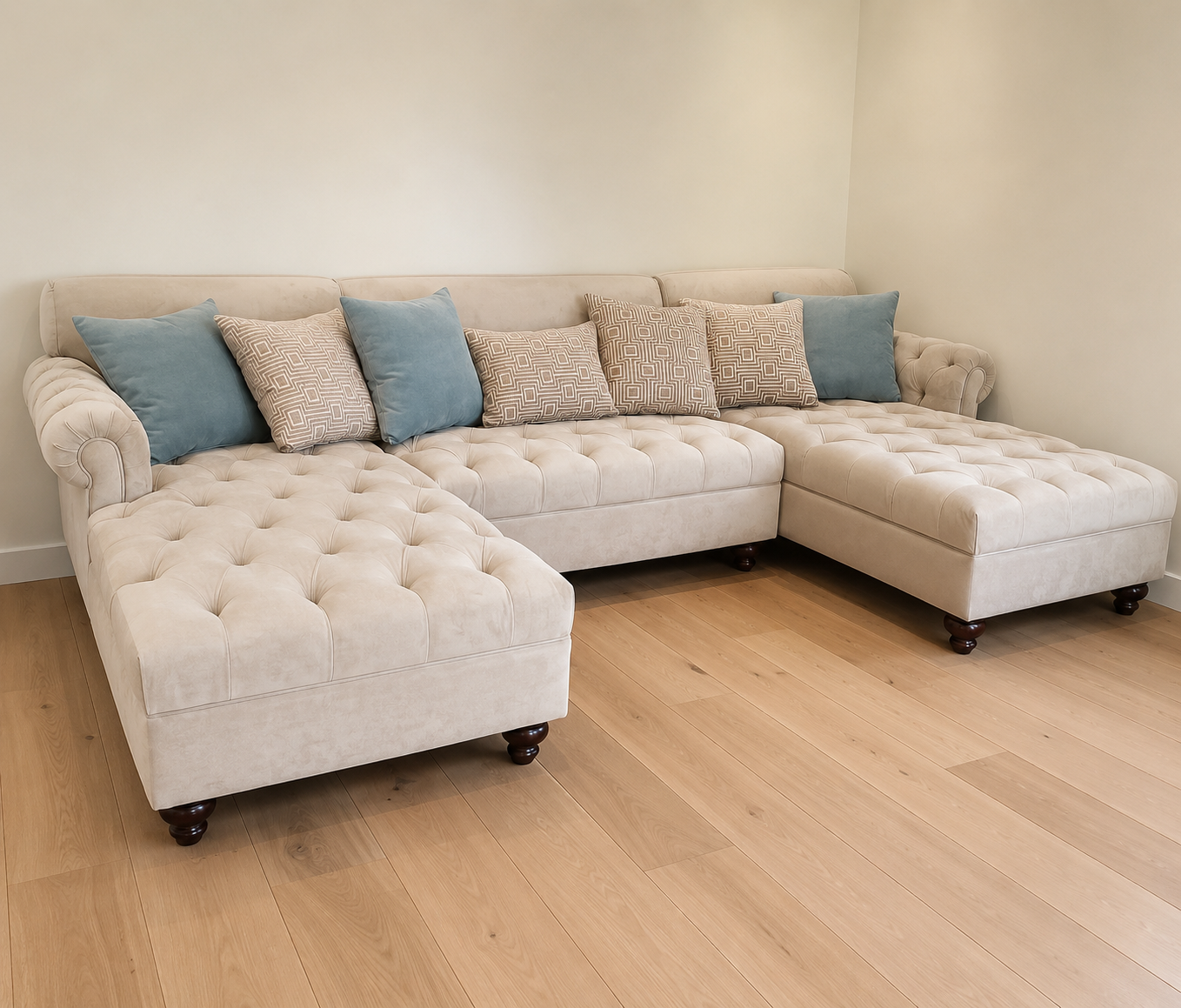 A beige sectional sofa with rolled arms on a wooden floor, decorated with six pillows in blue and beige with geometric patterns.