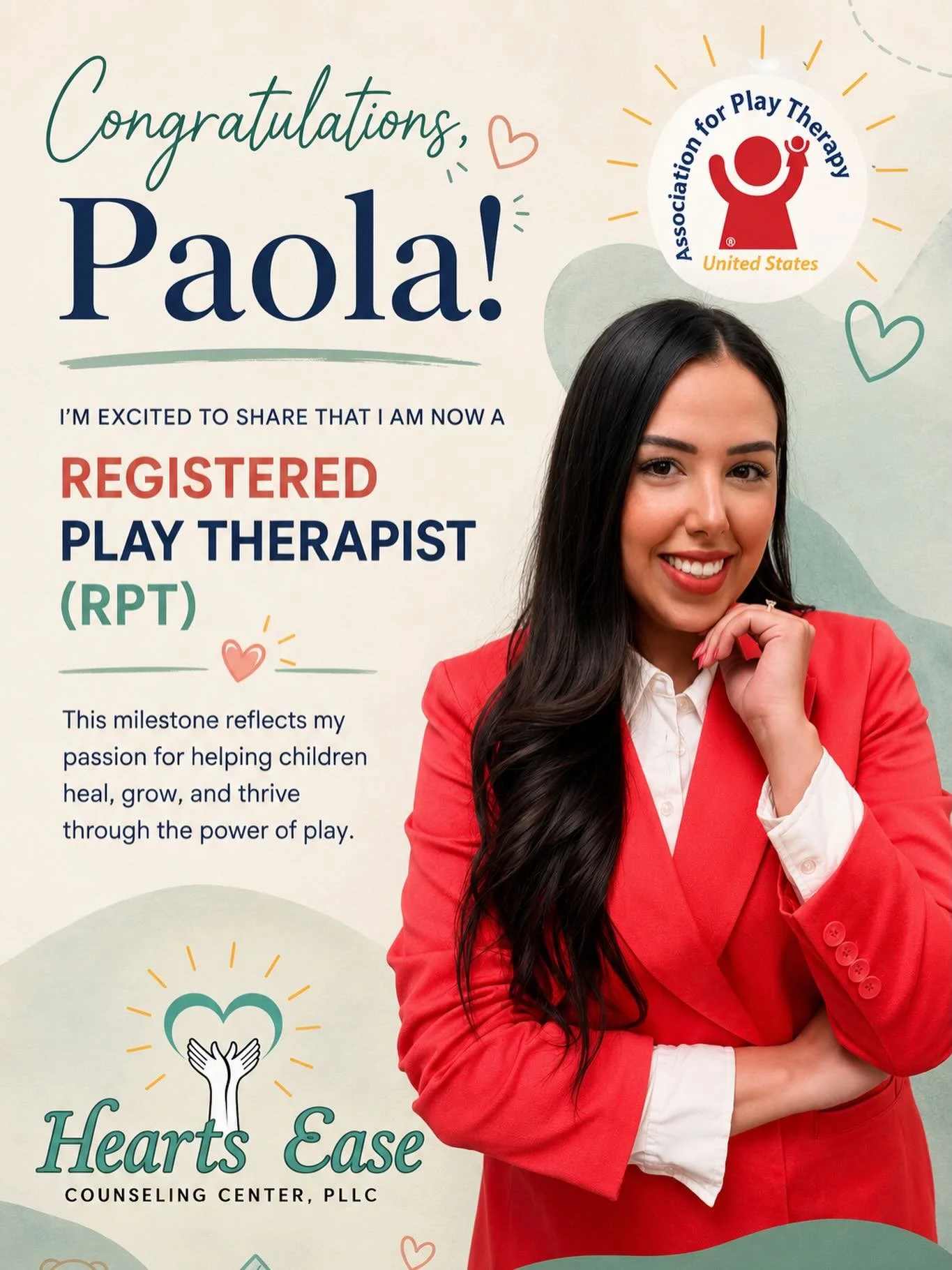 🎉 A milestone years in the making! 🎉

Please join us in celebrating Paola on earning her credential as a Registered Play Therapist (RPT)!

This achievement represents far more than completing a certification. To become an RPT, clinicians must compl