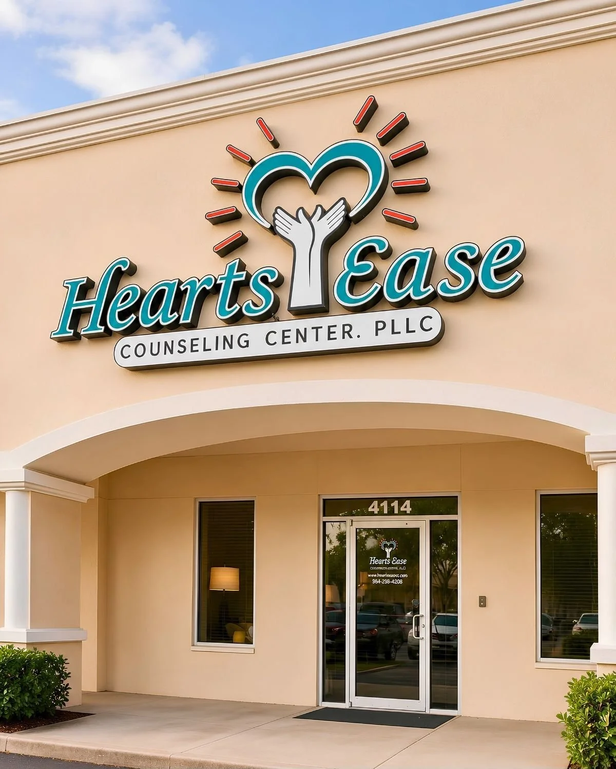 Exterior entrance of Heartsease Counseling Center in Edinburg, Texas, featuring the practice sign above glass doors.