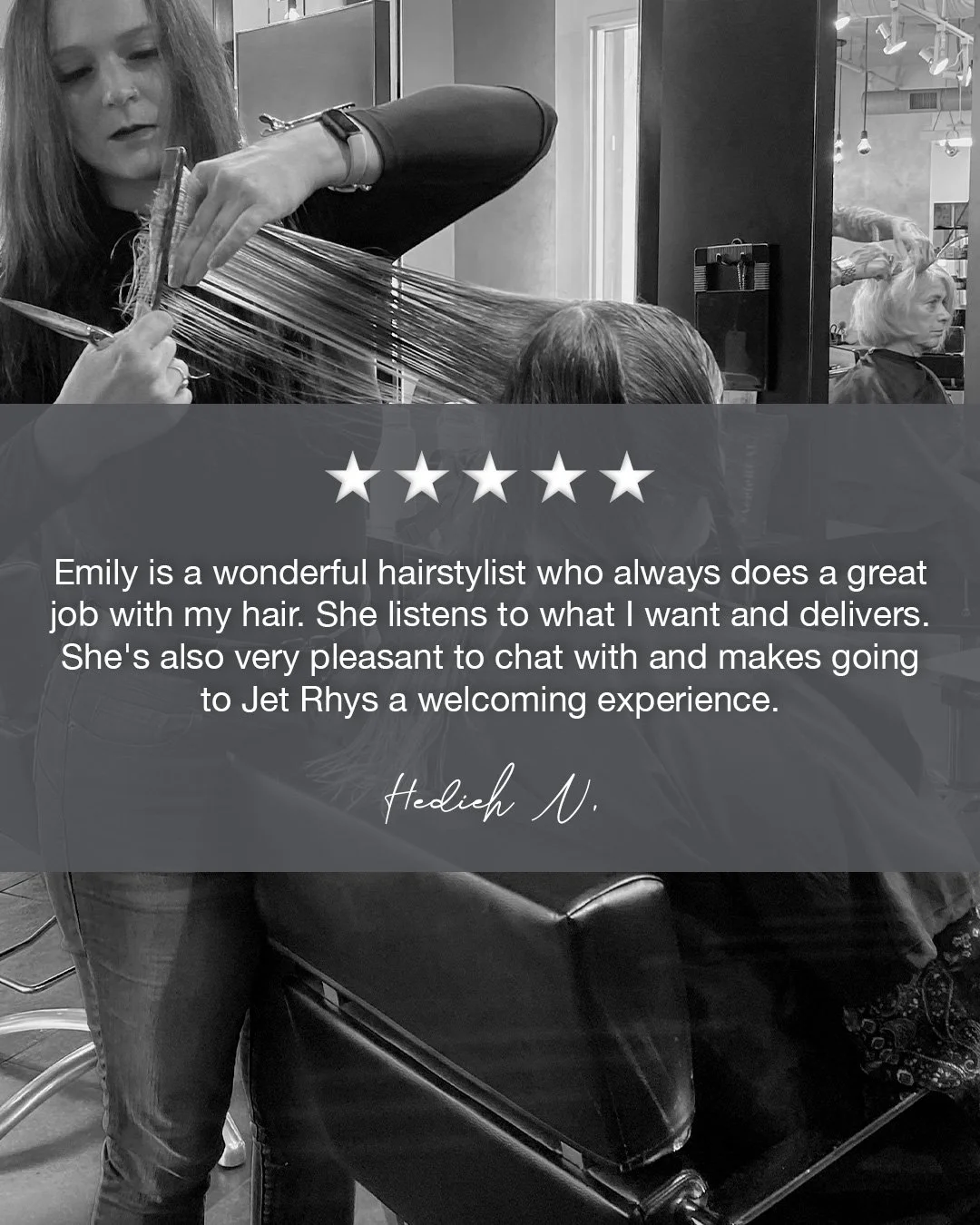 We 🧡 when our clients share their experience &middot; Thank you for the kind words and lovely work Emily.

Emily is a wonderful hairstylist who always does a great job with my hair. She listens to what I want and delivers. She's also very pleasant t