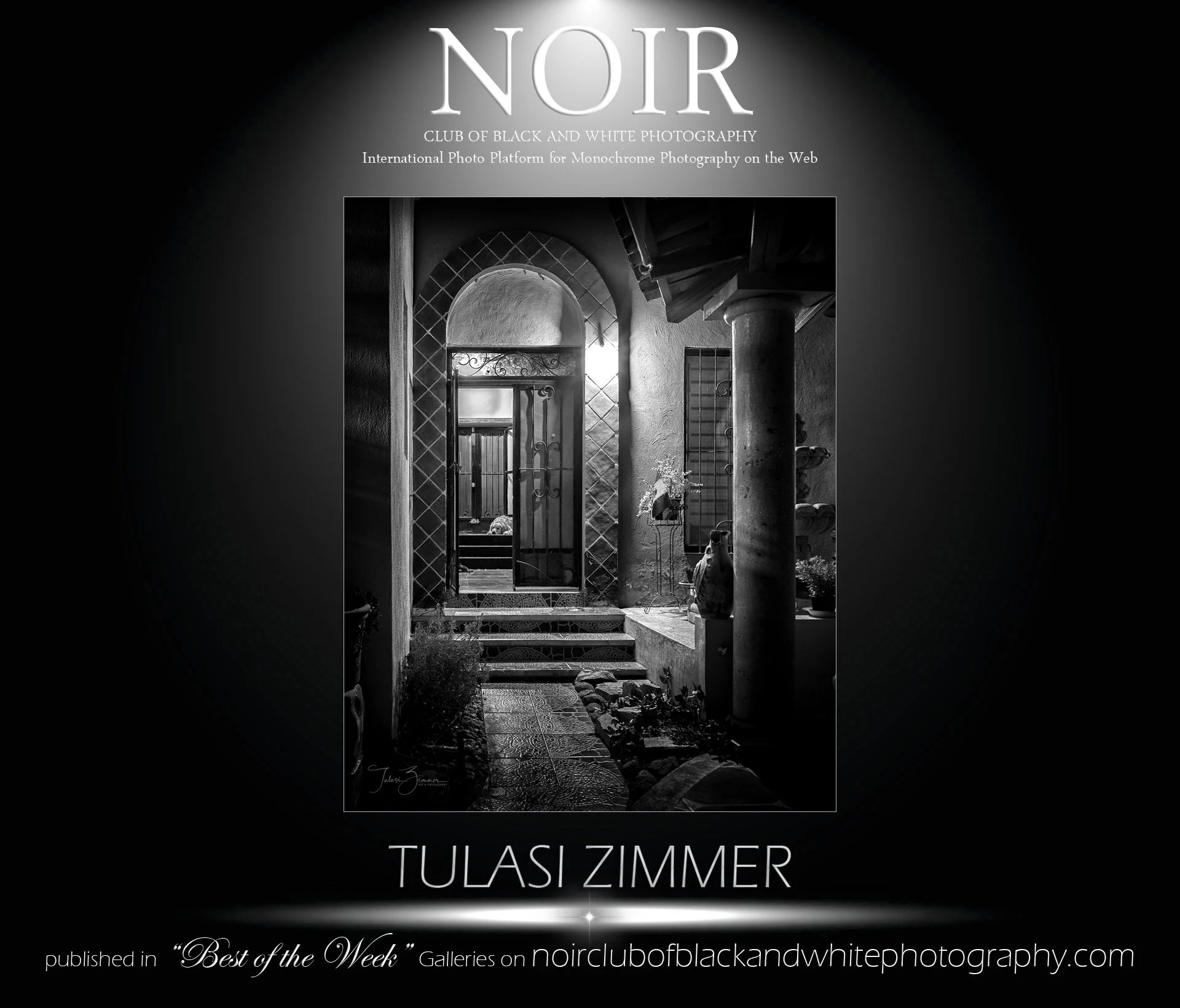 Black and white photograph of an arched doorway with open gate, leading to stone steps and an outdoor patio with plants and stone sculptures, taken by Tulasi Zimmer.