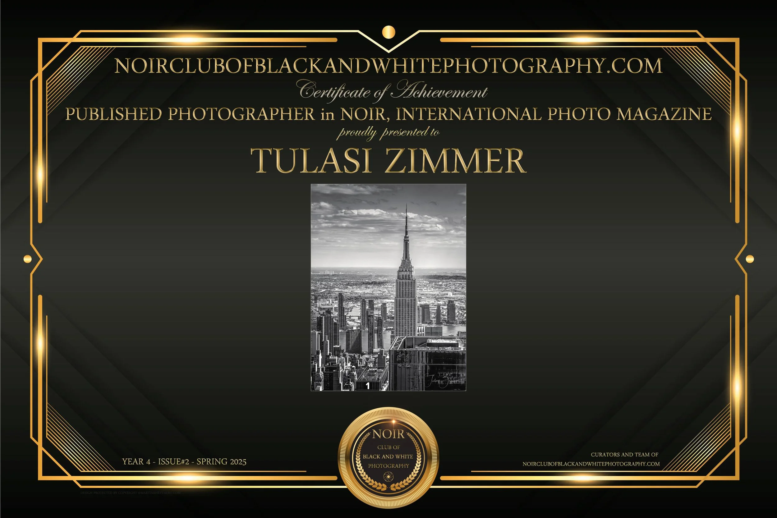 Certificate of achievement for Tulasi Zimmer from Noirclub of black and white photography, featuring a black and white photo of the Empire State Building.