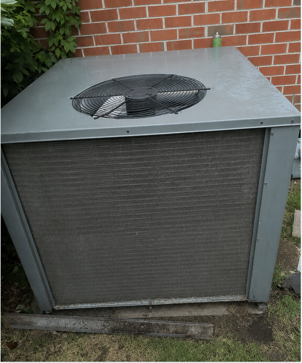 An outdoor HVAC unit with a fan on top, placed on a concrete pad beside a brick wall and some greenery.
