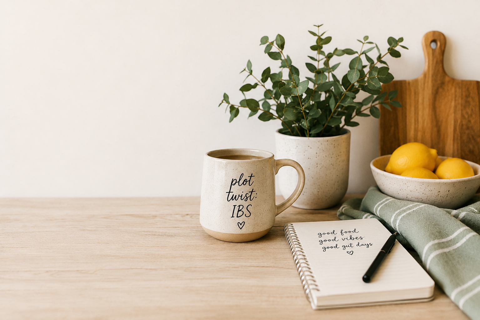 A beige ceramic mug with black text that reads "plot twist: IBS" and a small heart, a potted eucalyptus plant, a wooden cutting board, a bowl of lemons, a green and white striped cloth, and an open notebook with handwritten notes and a black pen on a wooden table.