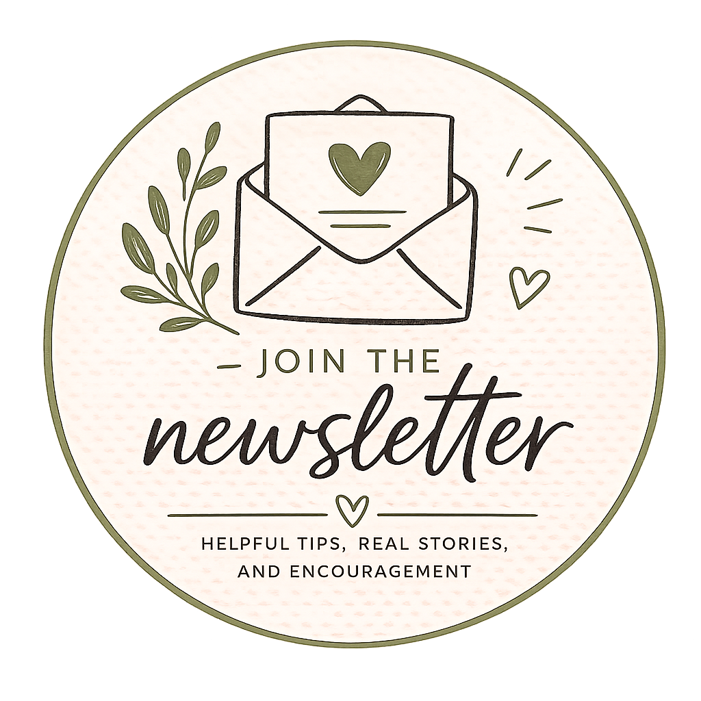 A circular graphic with an illustration of an open envelope containing a letter with a heart on it, surrounded by a leafy branch, hearts, and lines. Text reads "Join the newsletter" with a subtext "Helpful tips, real stories, and encouragement."