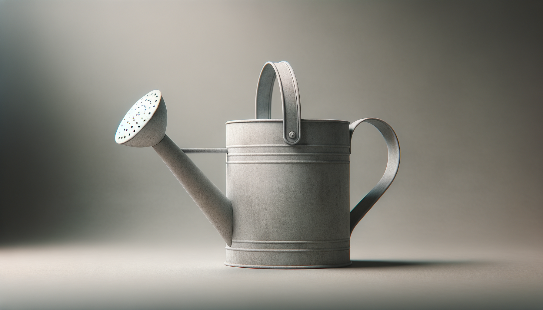 A gray metal watering can with a rounded body, a handle on top, and a long spout with a wide, flat nozzle, positioned against a neutral background.