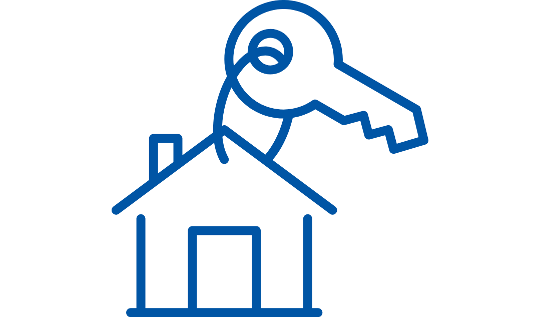 Line drawing of a house with a key above it, representing home security or real estate.