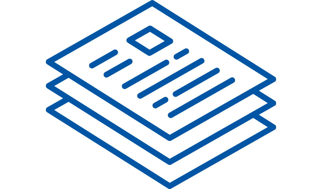 Stack of three documents with lines of text and a small square icon on the top document