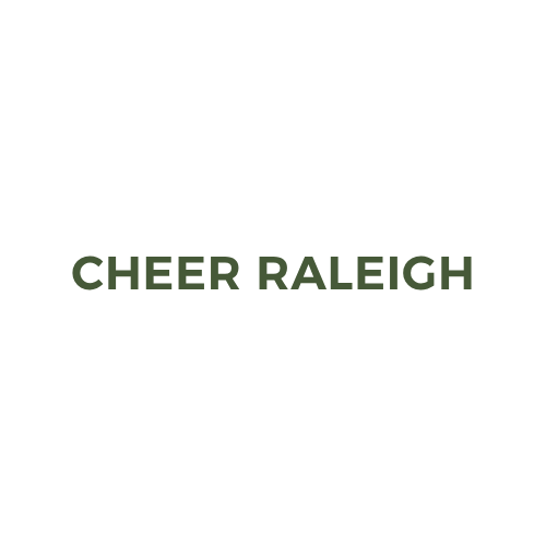 A cheerleading graphic with two pom-poms and the words "CHEER RALEIGH" in bold, green letters.
