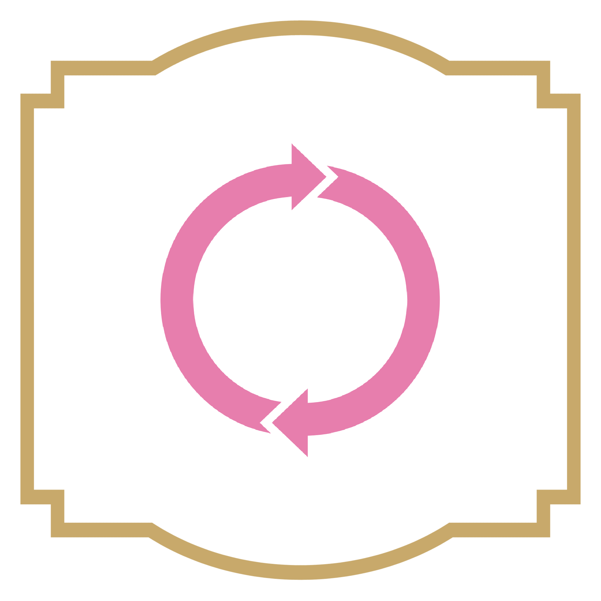 Close-up of a pink gender symbol for female with arrows indicating a cycle or process, surrounded by a golden border.