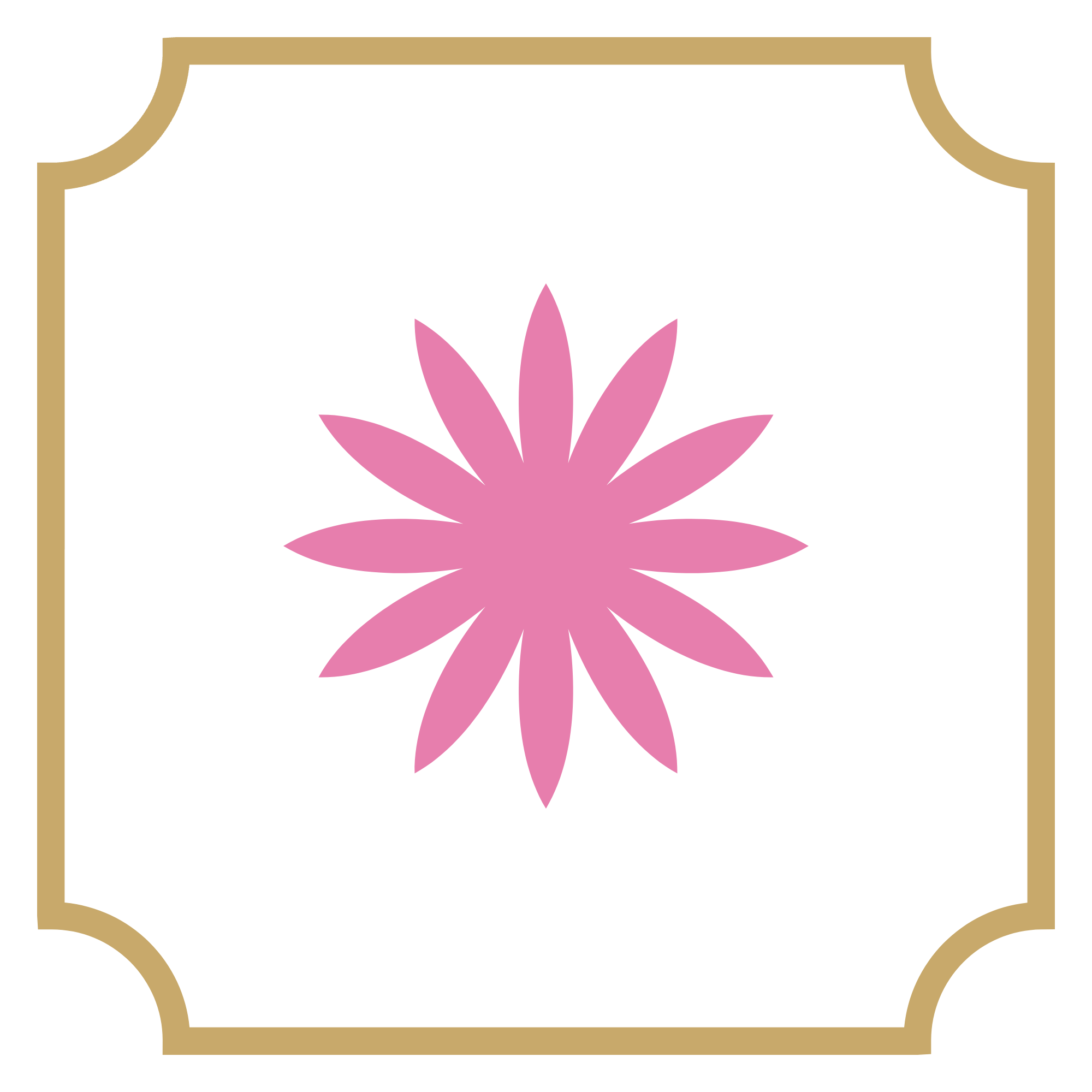 A decorative white frame with a gold border containing a pink flower with multiple petals.