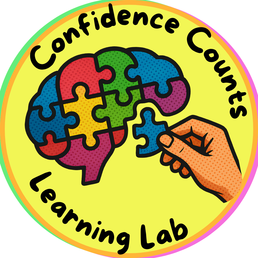 A colorful badge with a yellow background and a rainbow-colored border. It features an illustration of a brain made of interconnected puzzle pieces in various colors. A hand is placing a puzzle piece into the brain. The words "Confidence Counts" are written at the top in black, and "Learning Lab" at the bottom in black.