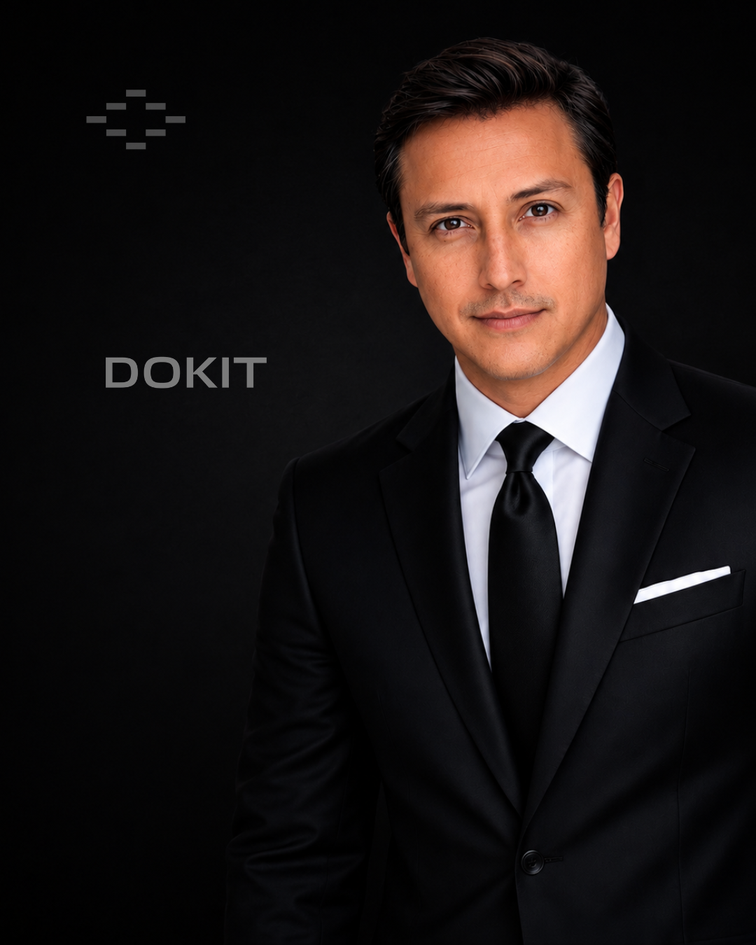 Retrato de un hombre vestido con saco negro, camisa blanca y corbata negra, con fondo negro.