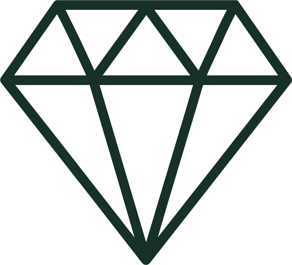 Outline drawing of a diamond gemstone.