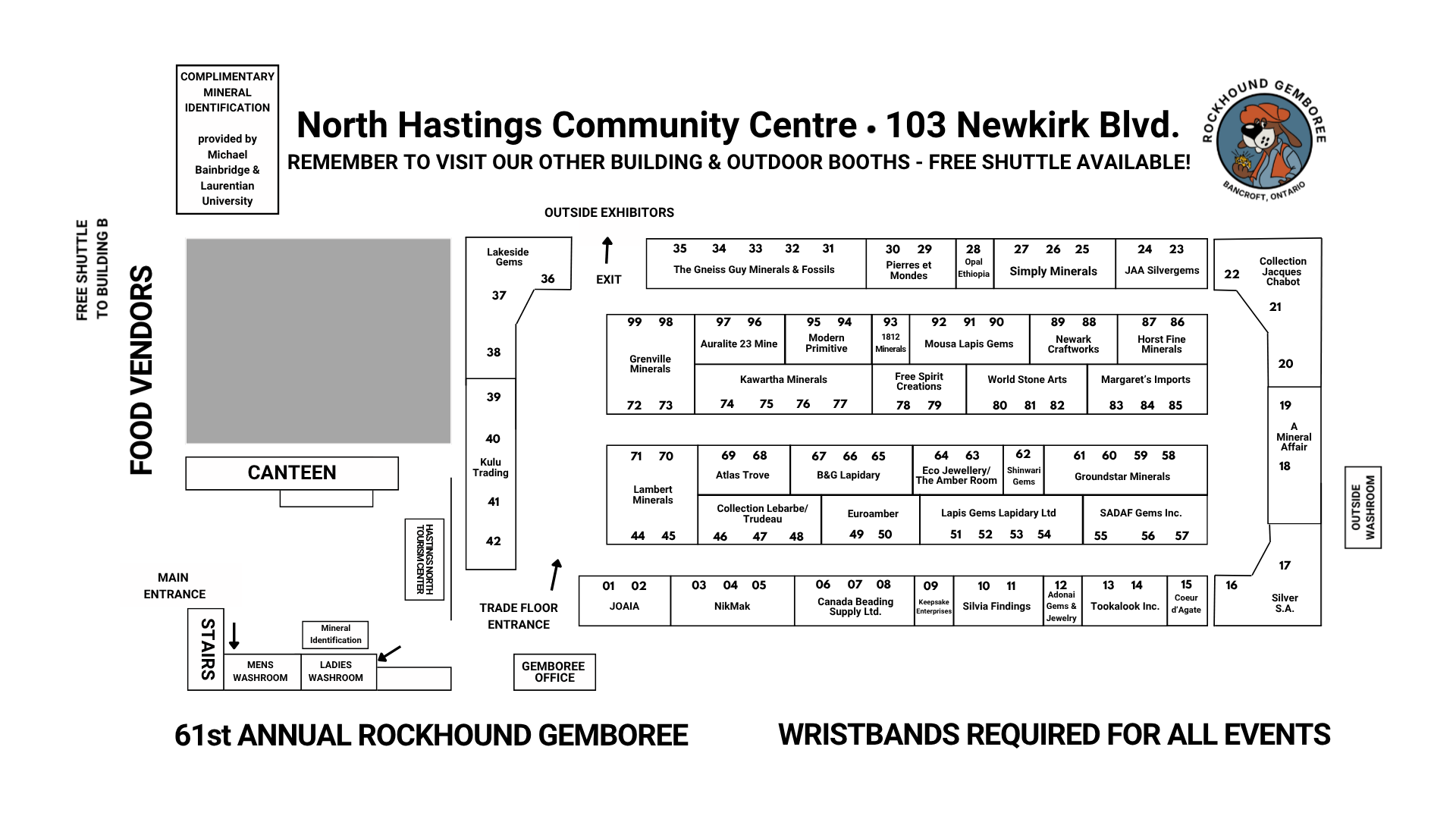 Map of the North Hastings Community Centre at 103 Newkirk Blvd with booth numbers, entrances, and amenities, including food vendors, washrooms, and outdoor exhibits.
