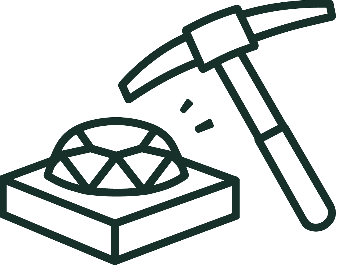Illustration of a pickaxe hitting a gemstone on a stand.