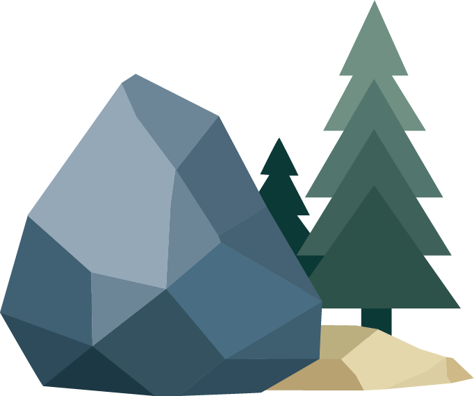 Abstract digital illustration of a forest with stylized trees and rocks in shades of green, blue, and beige.