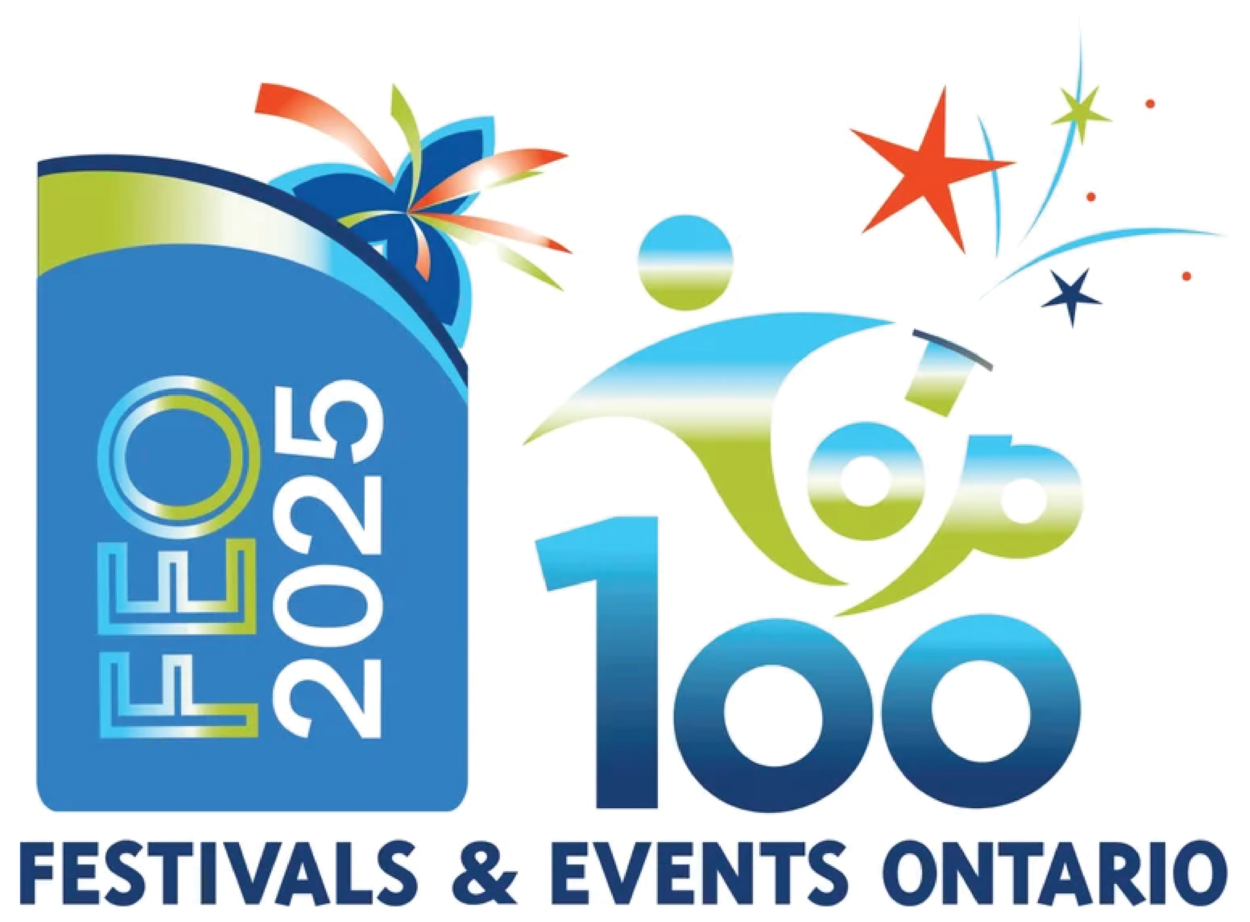 Logo for the Festivals and Events Ontario with colorful abstract fireworks and waves.