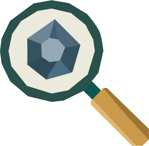 A cartoon illustration of a magnifying glass with a wooden handle and a light-colored frame, focusing on a dark gemstone.