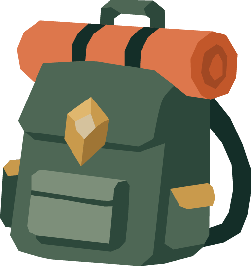 Illustration of a green backpack with a rolled orange sleeping pad attached on top.
