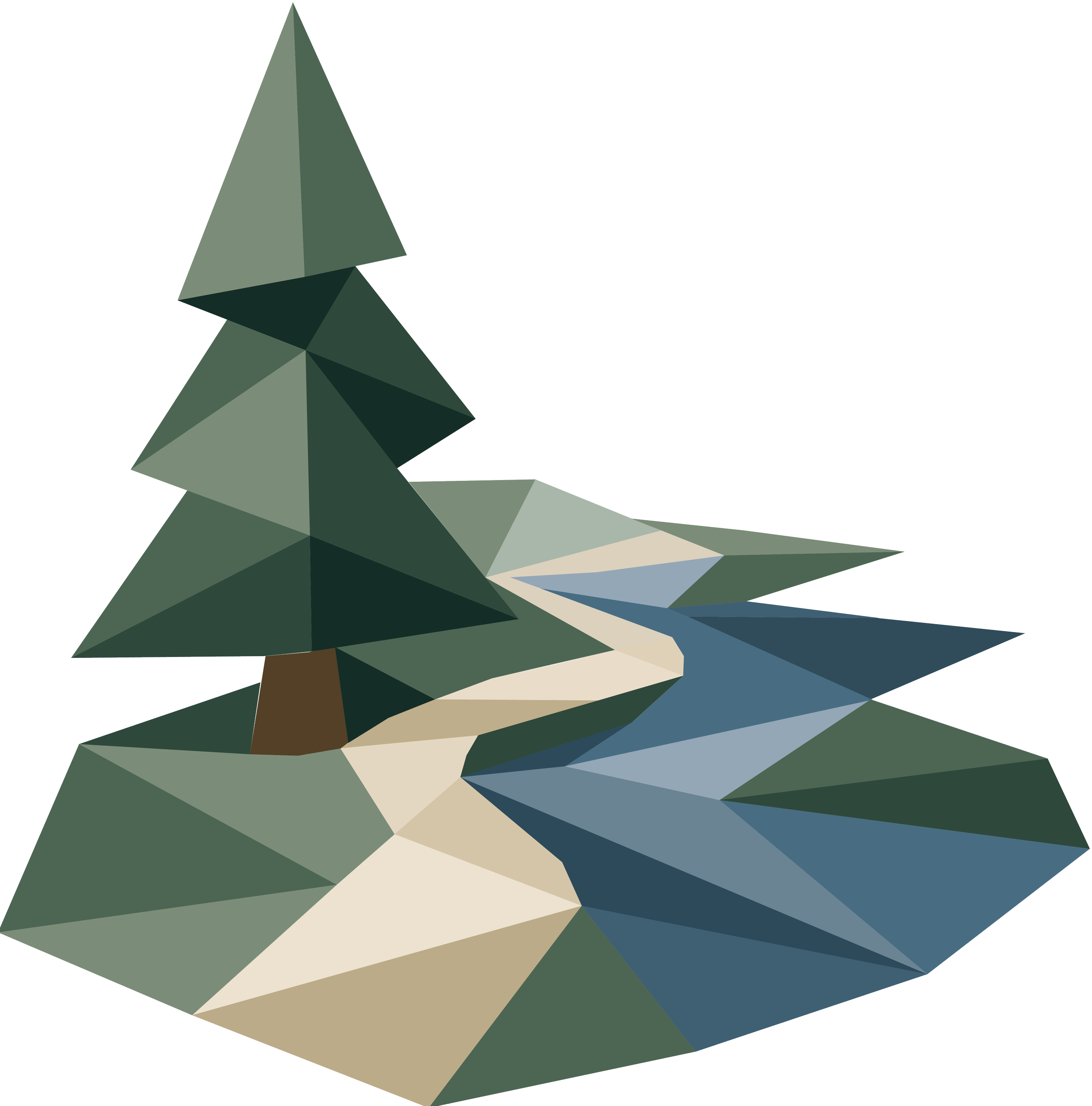 Stylized digital illustration of evergreen trees and a snow-capped mountain range against a clear sky, rendered in a low-poly geometric style.