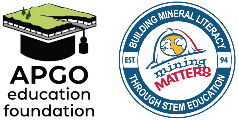 Two logos side by side. The left logo features a stylized university cap with a landscape of trees and land above it, with the text 'APGO education foundation.' The right logo is circular with a mountain and globe design, the text 'Building Mineral Literacy Through STEM Education,' and the words 'mining MATTERS' in the center.