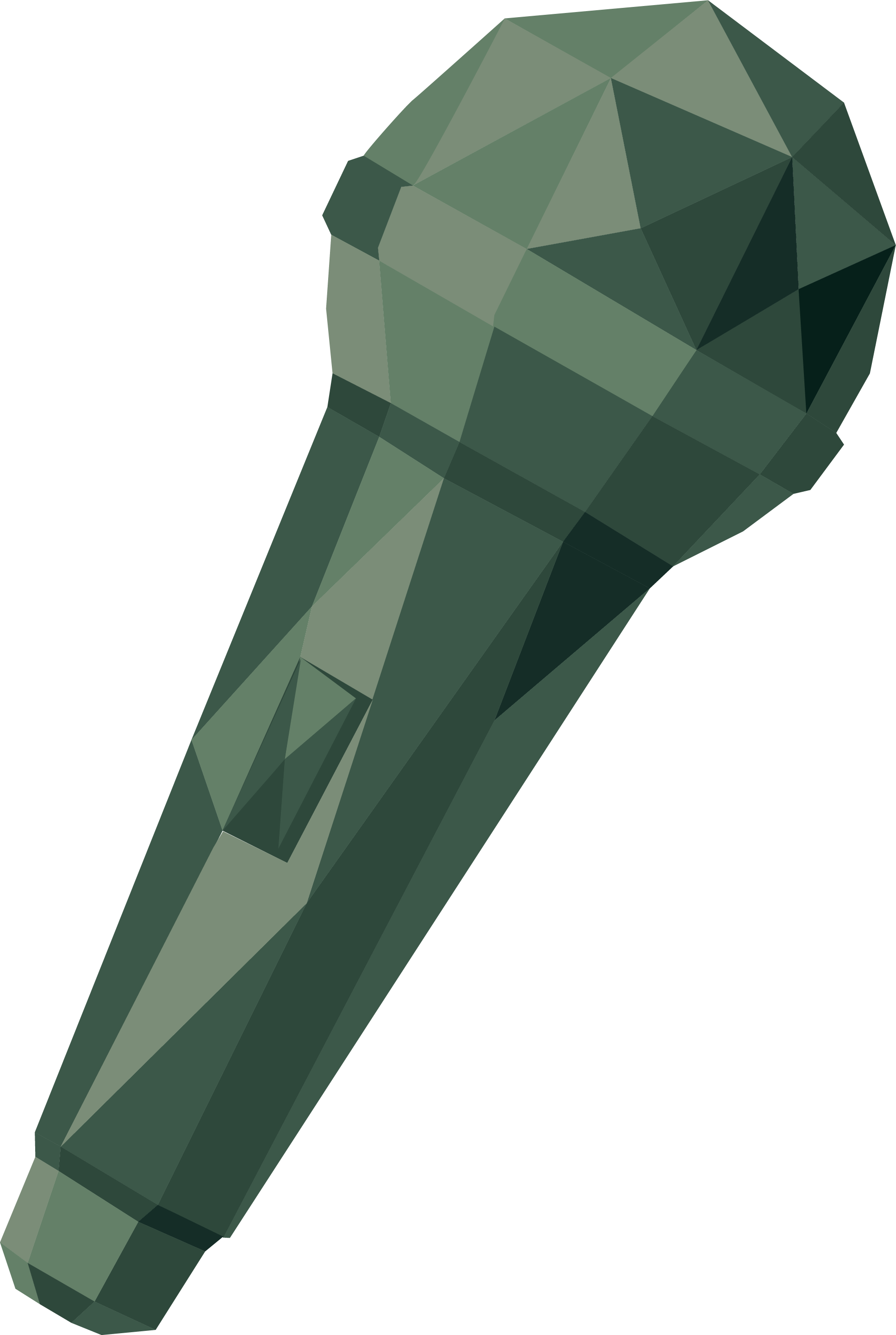 A low-poly, 3D-rendered sculpture of a clenched fist in shades of green and gray.