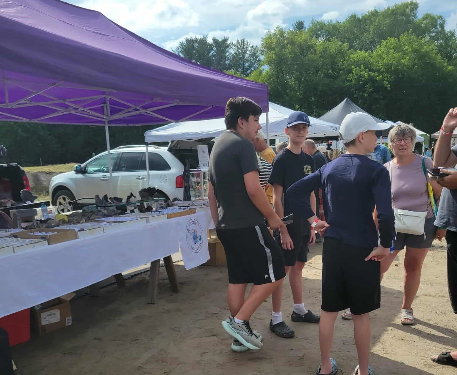 People browsing at an outdoor market or fair with tents and vehicles in the background.