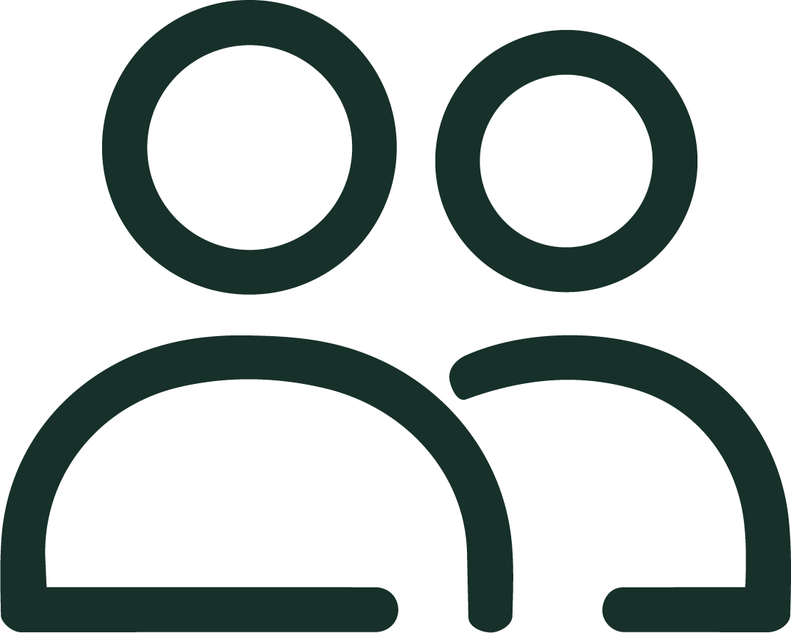 Outline icon of two people, representing a group or social connection.