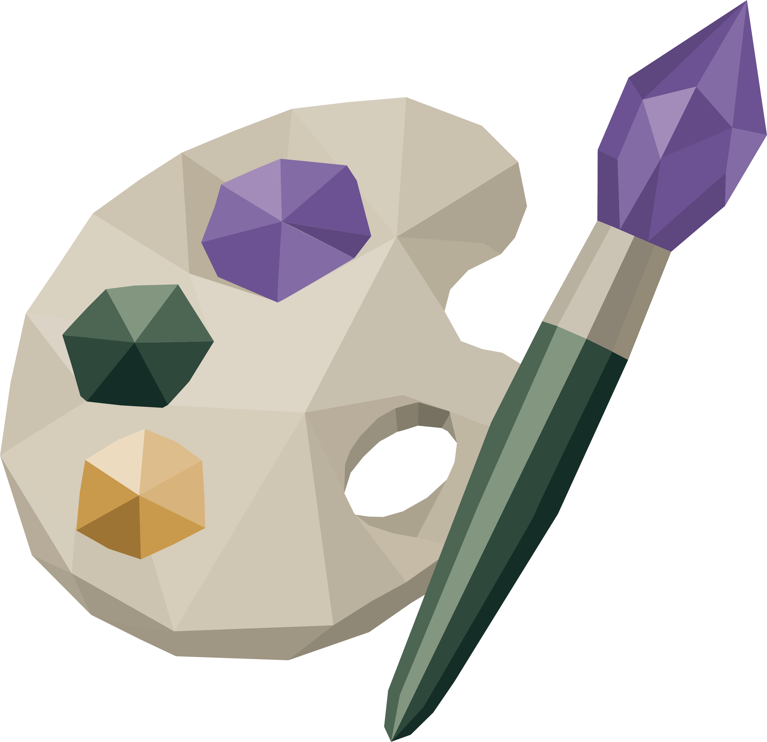 A 3D graph with multiple purple, green, and beige faceted shapes on a white background.