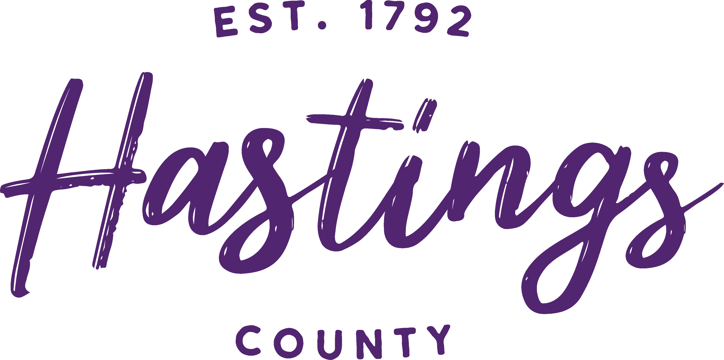 A logo with the text 'Hastings County' in purple script and 'EST. 1792' above it in purple, with the word 'COUNTY' below, also in purple.