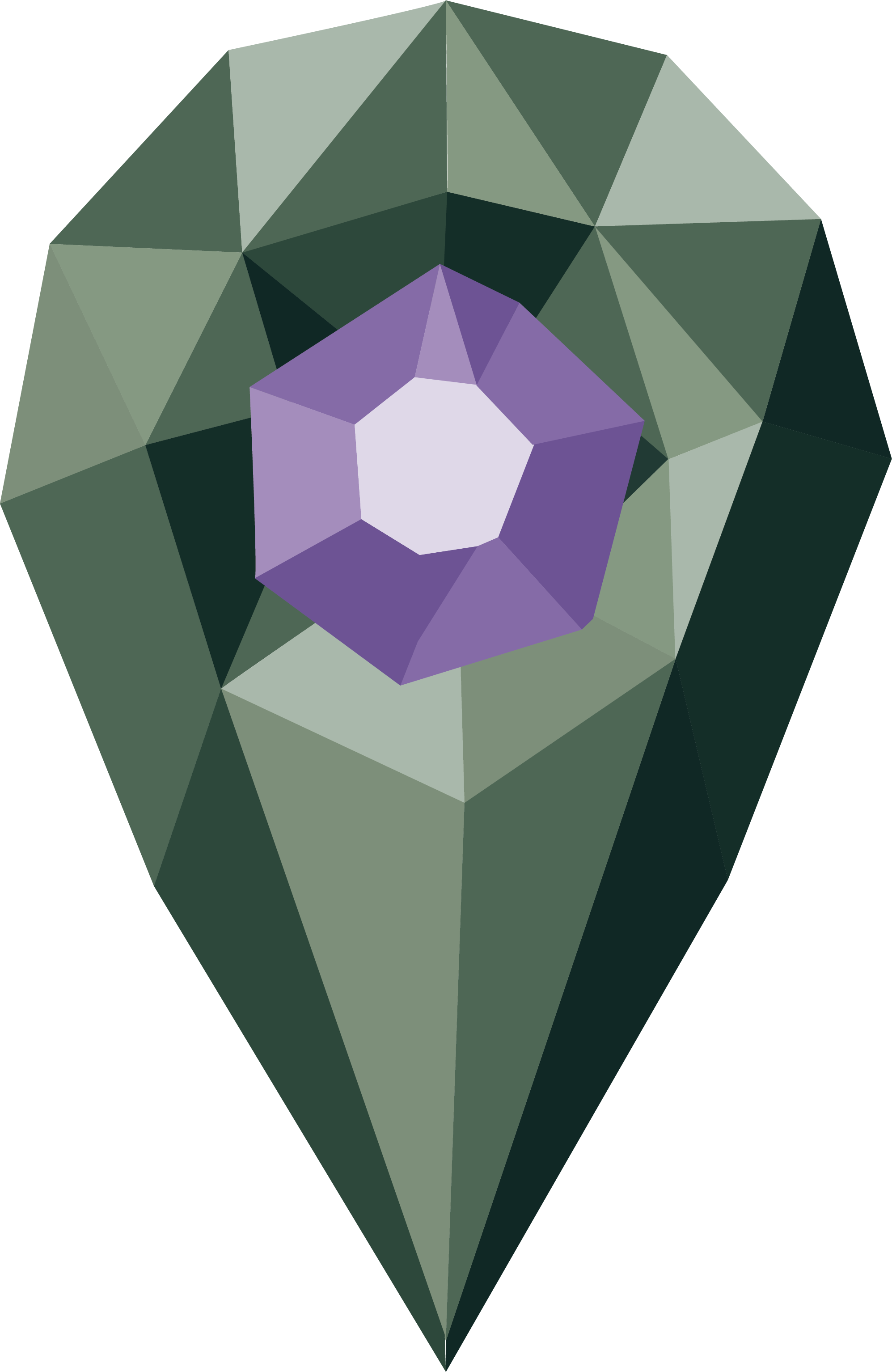 A digital drawing of a faceted gemstone with a purple center and shades of green surrounding it.