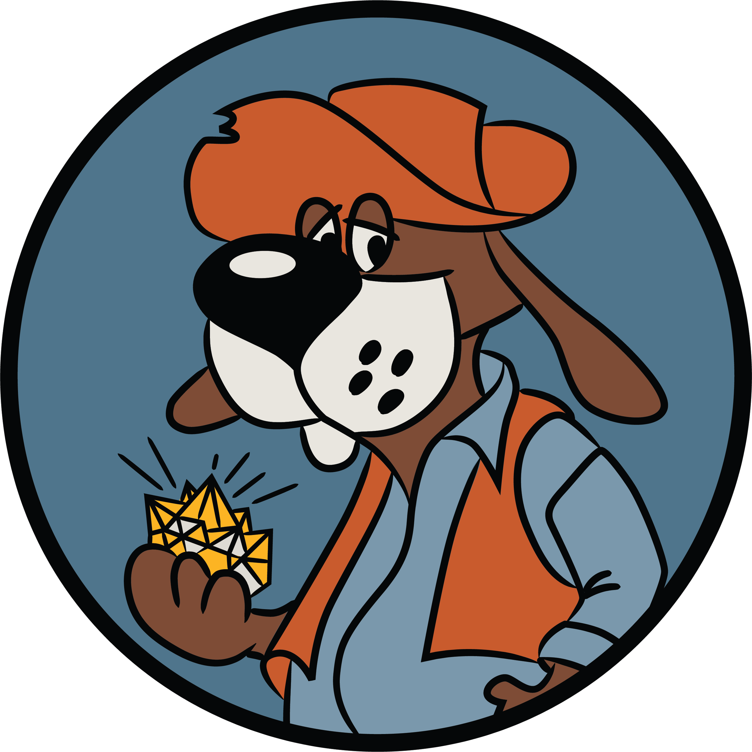 A cartoon illustration of a dog with a magnifying glass, holding a diamond, and standing on a circular blue background.