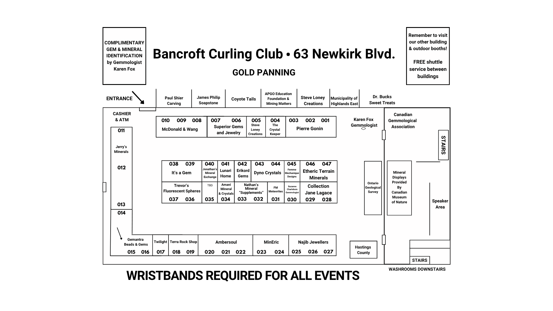A detailed floor plan of the Bancroft Curling Club showing booth locations, event titles, sponsor names, and amenities at 63 Newkirk Blvd, with labels for entrances, cashier, mineral displays, stages, and washrooms.