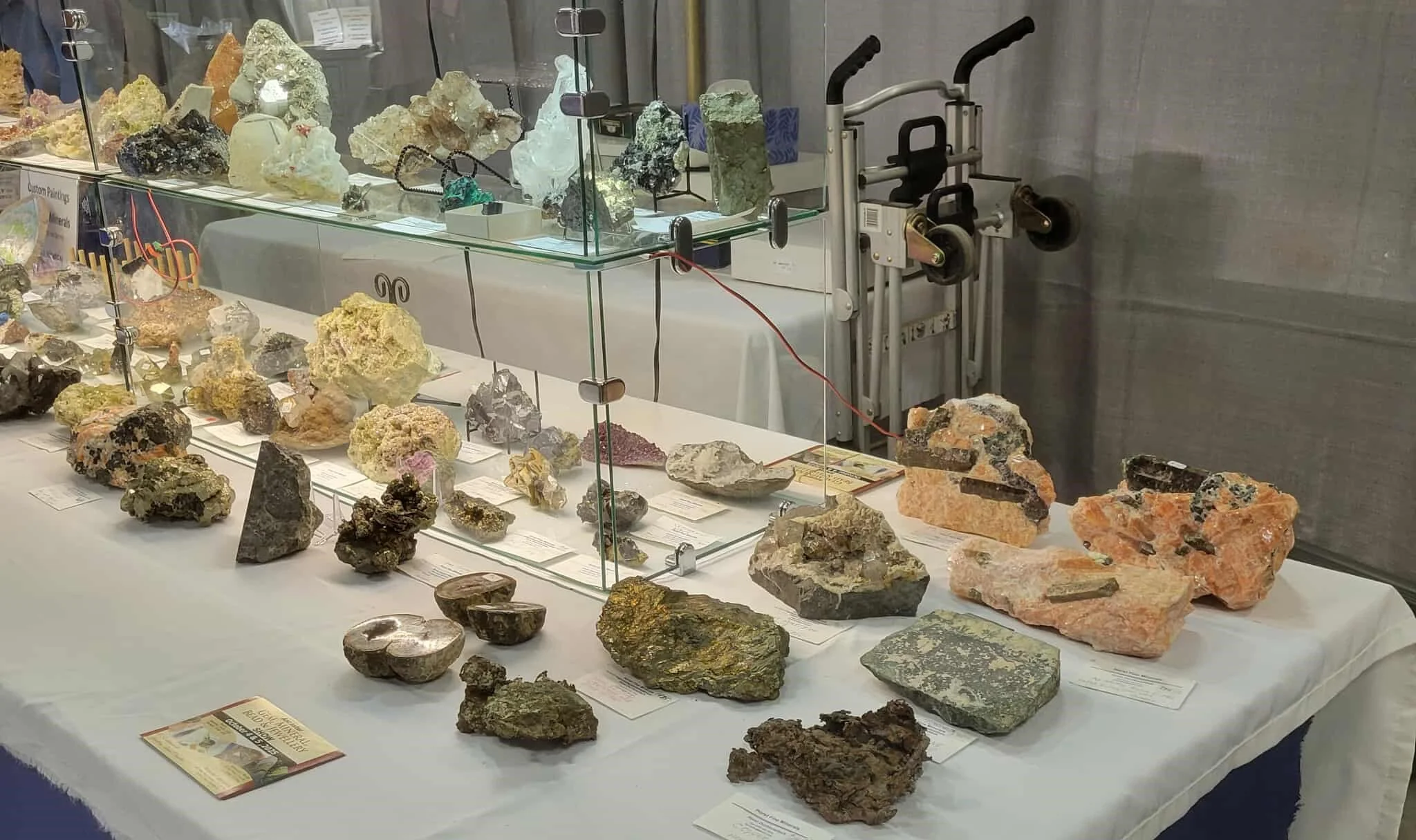 A display case with various mineral and rock specimens at a museum or exhibit. The rocks are arranged on a white table with labels and a glass enclosure above them. Some rocks are colorful and crystalline, while others are more muted and rocky in tex