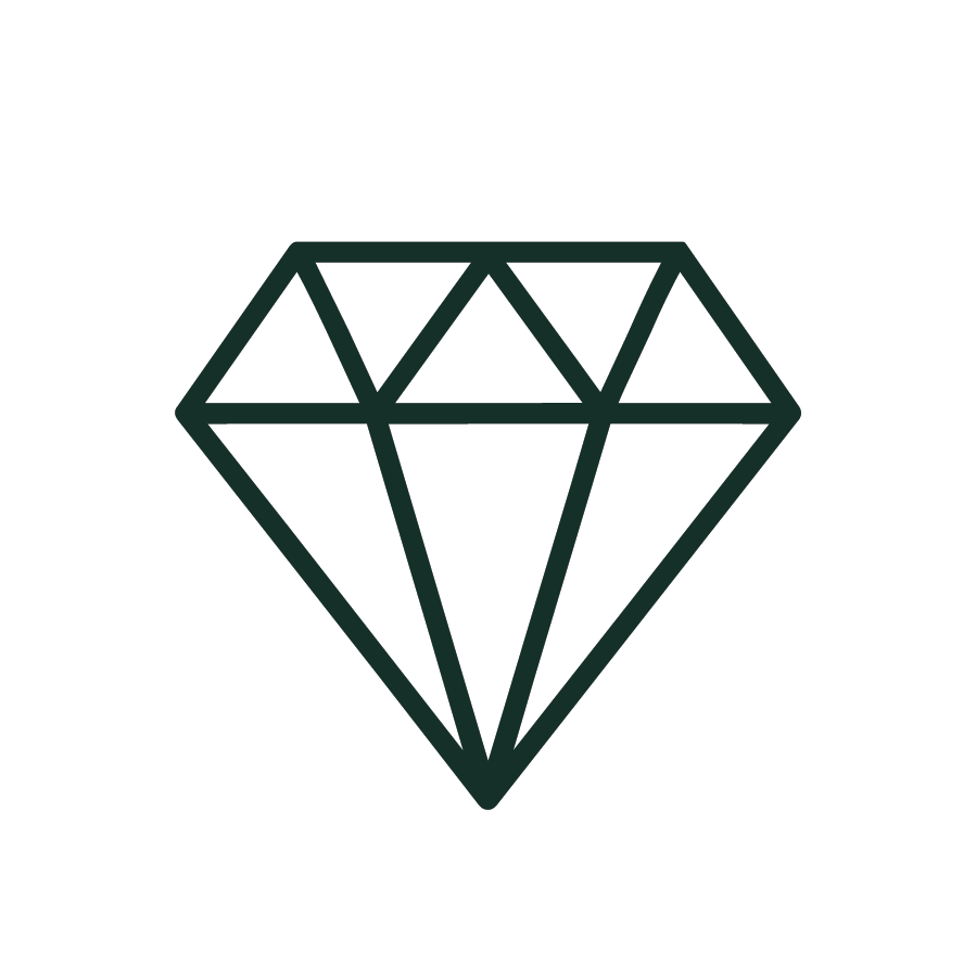 Line drawing of a diamond gemstone inside a circle.