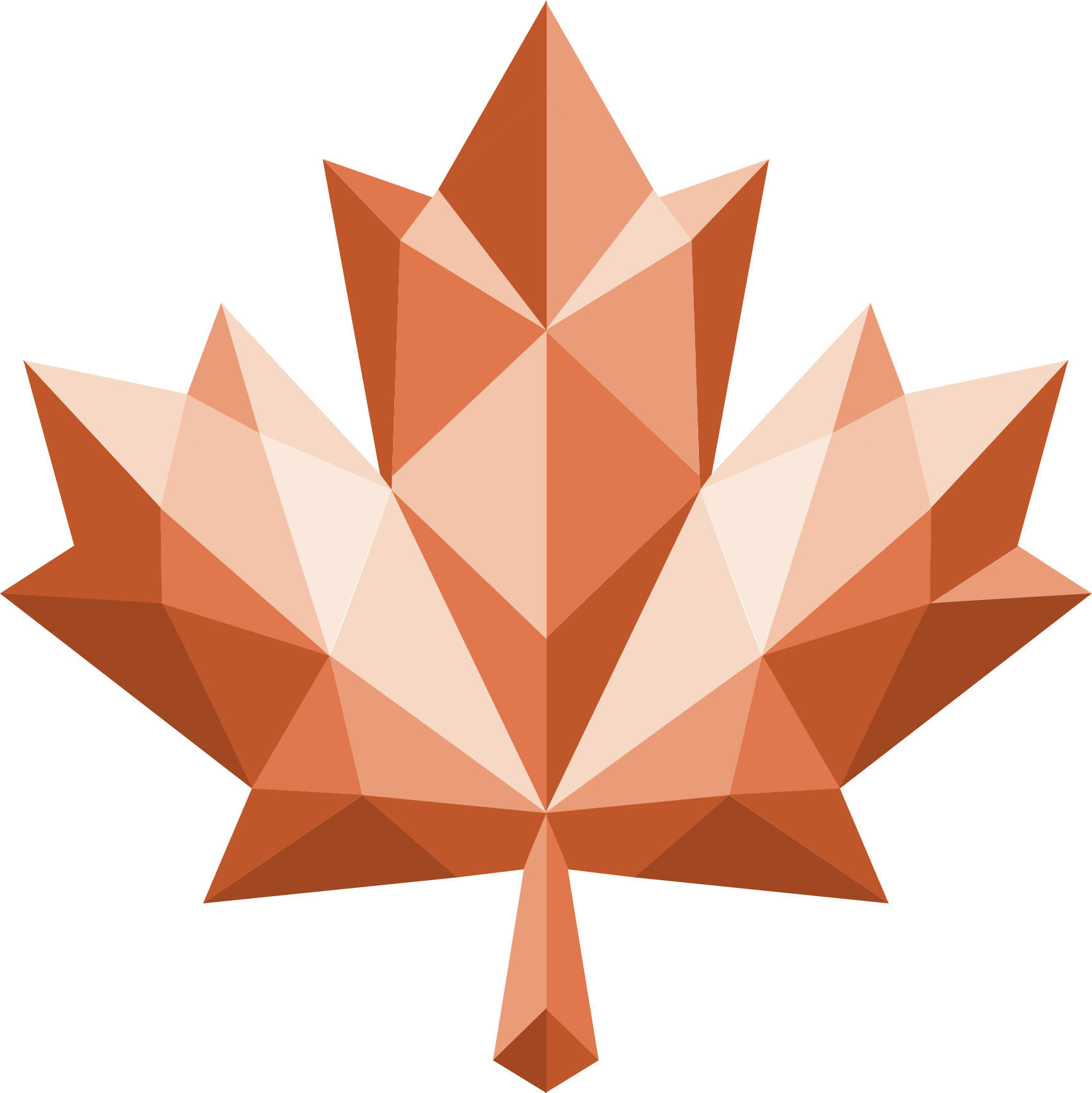 Low-poly illustration of a fox's face with symmetrical proportions and geometric shading in shades of brown, tan, and white.