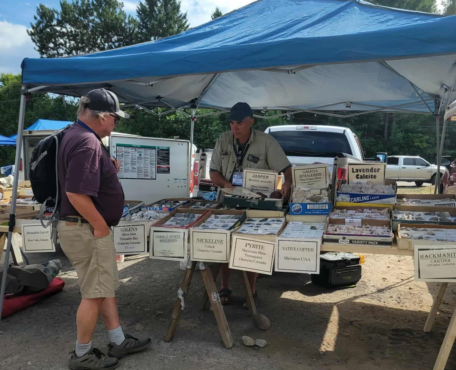 A man with a backpack and a black cap looks at a vendor selling various mineral and gemstone specimens at an outdoor market. The vendor's table displays labeled boxes of minerals like copper, nickel, pyrite, and minerals from Ontario, Canada. A white