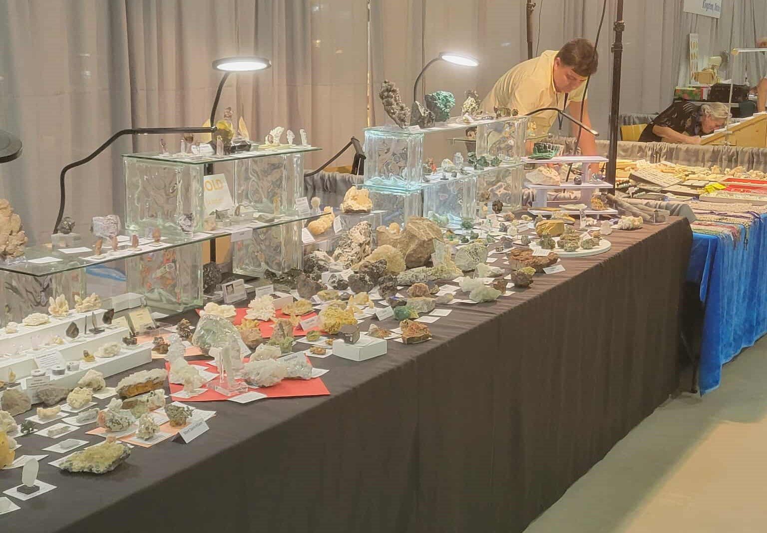 A long table at a mineral or rock show displays various rocks and minerals on small stands and plates. Two people are looking at the specimens, with spotlights illuminating the display.
