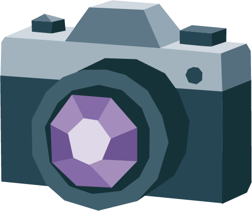 A cartoon-style camera with a purple lens and gray body.