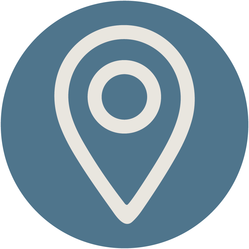 Map marker icon, blue background with white location pin symbol.
