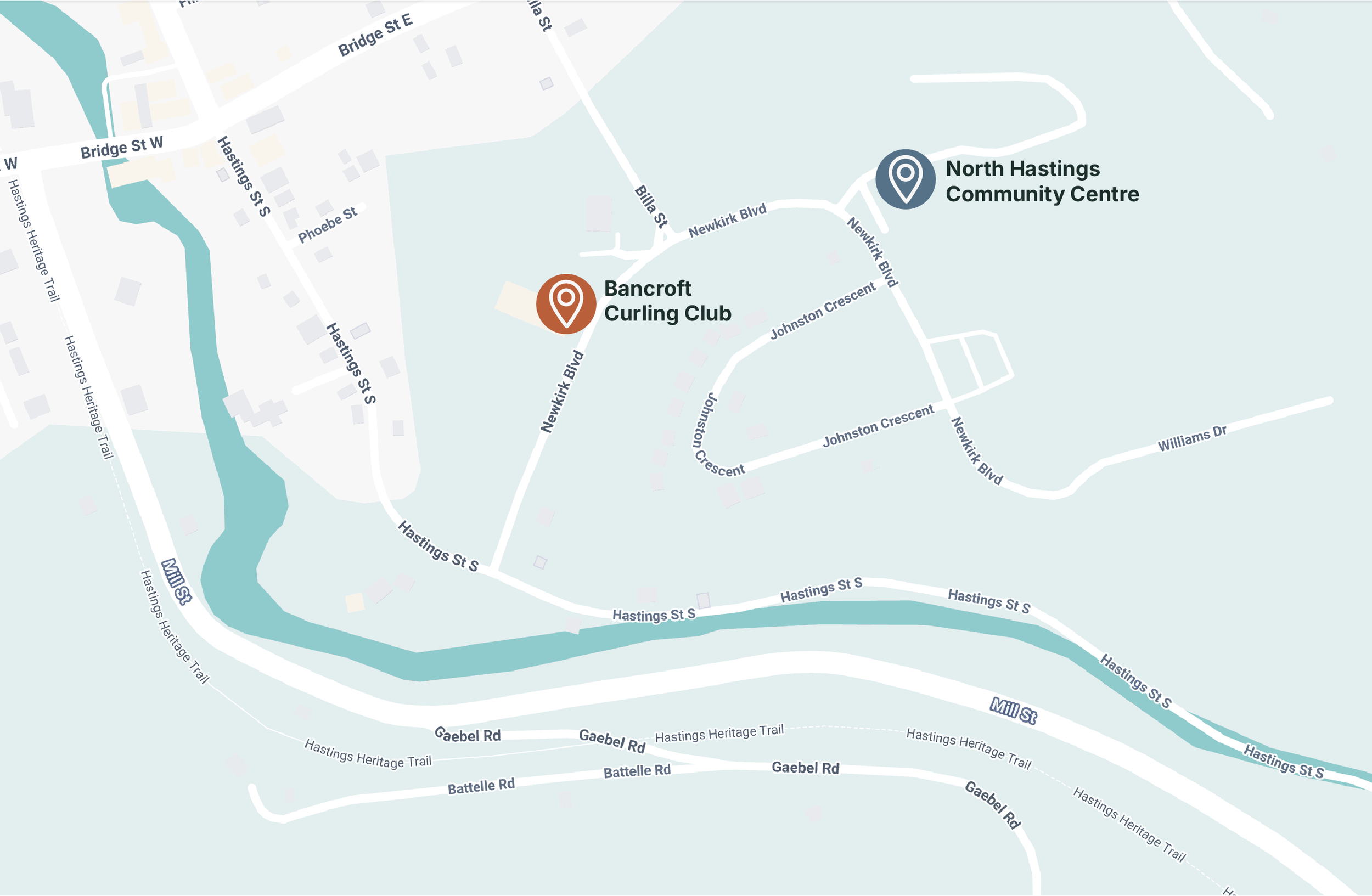 Map showing roads and landmarks in a neighborhood, including Bancroft Curling Club and North Hastings Community Centre, with roads named Hastings Street, Gaebel Road, and Newkirk Boulevard.